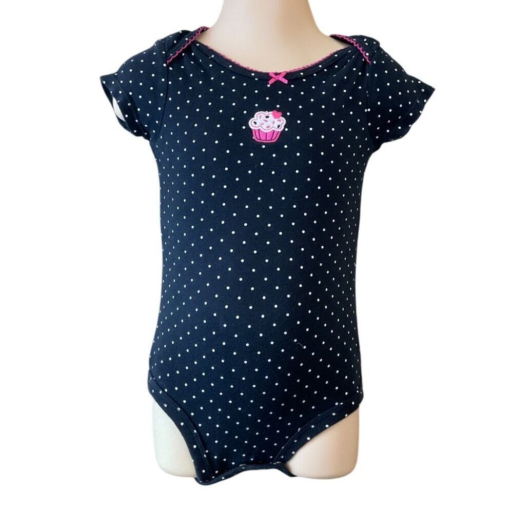 Carters Infant Girls SS Bodysuit Blk Wh Polka Dots Cupcake Applique 12 mos